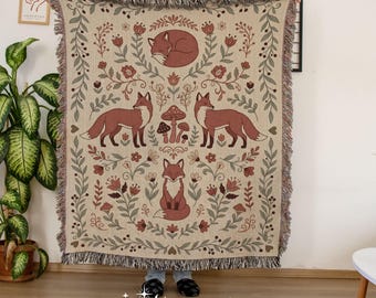 Woodland Fox Woven Blanket – Cottagecore Woodland Nursery Blanket, Vintage Tapestry Throw, Woodland Decor, Cottagecore Decor, 3 Sizes