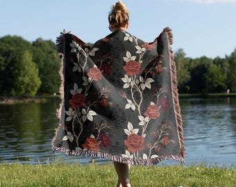 Dark Romance Gothic Woven Blanket, Floral Rose Fringe Throw, Home Decor, 3 Sizes Available