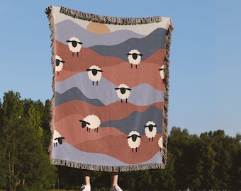 Sheep Pasture Woven Blanket, Cozy Cottage Farm Cotton Throw, Warm Countryside Home Decor