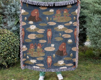Quirky Frog Woven Blanket, Lily Pad Pond Throw, Whimsical Amphibian , Ballet Dancing Frogs, Water Lily Art Tapestry, Cozy Nature Home Accent