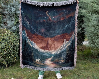 Manta de tapiz tejida – Escena de ciudad montañosa celestial con temática de libros de fantasía