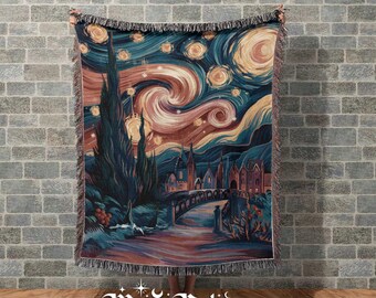 Manta de tapiz tejida inspirada en la noche estrellada, estilo gótico melancólico, decoración de la academia oscura, regalo único para amantes del arte, manta inspirada en Van Gogh