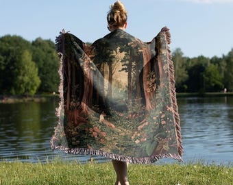 100% Cotton Enchanted Forest Woven Blanket, Nature Tapestry, Woodland Cozy Throw