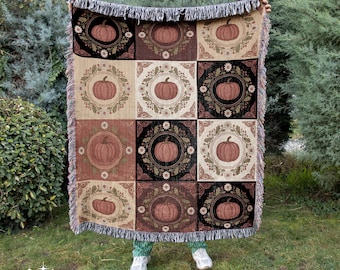 Warm Fall Colors Cozy Pumpkin Tapestry | Autumn Colors Woven Blanket Home Decor Spooky Season Throw Blanket Book Nook Room Decor Fall Vibes
