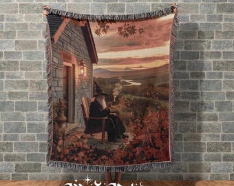 Manta acogedora "Mago al atardecer" - Manta tejida de fantasía cottagecore de ESDLA - Manta de Gandalf - Regalo para amantes de los libros de ESDLA - Regalo literario