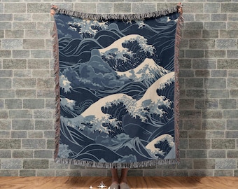Manta tapiz tejida con diseño de olas del océano, arte de pared de algodón tejido costero, manta para sofá o cama de sala de estar, decoración del hogar, regalo para casa de playa