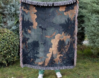 Dragons Woven Blanket: Enchanted Night Sky Cotton Throw
