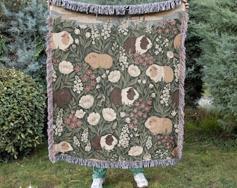 Guinea Pig Woven Blanket - 100% Cotton Throw - Botanical Floral Tapestry