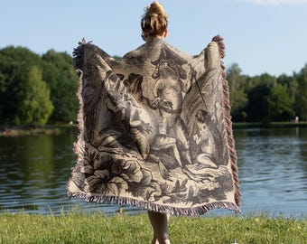 Frog Woven Throw Blanket: Vintage Animal Print Cotton Tapestry