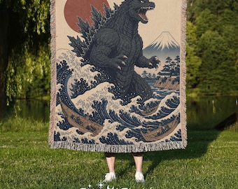 Vintage Godzilla Woven Blanket, Kaiju God Christmas Movie Blanket, Retro Japanese Fuji Blanket, Cozy Holiday Dad Men Son Festive Anime Gift