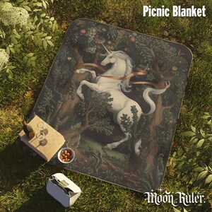 Medieval Unicorn Woven Blanket, Mystical Forest Tapestry Throw, Cottagecore Fantasy Blanket, Vintage Mythical Unicorn Dark Green Decor image 19