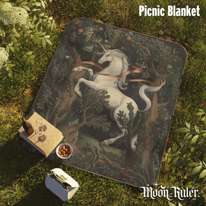 Medieval Unicorn Woven Blanket, Mystical Forest Tapestry Throw, Cottagecore Fantasy Blanket, Vintage Mythical Unicorn Dark Green Decor image 19