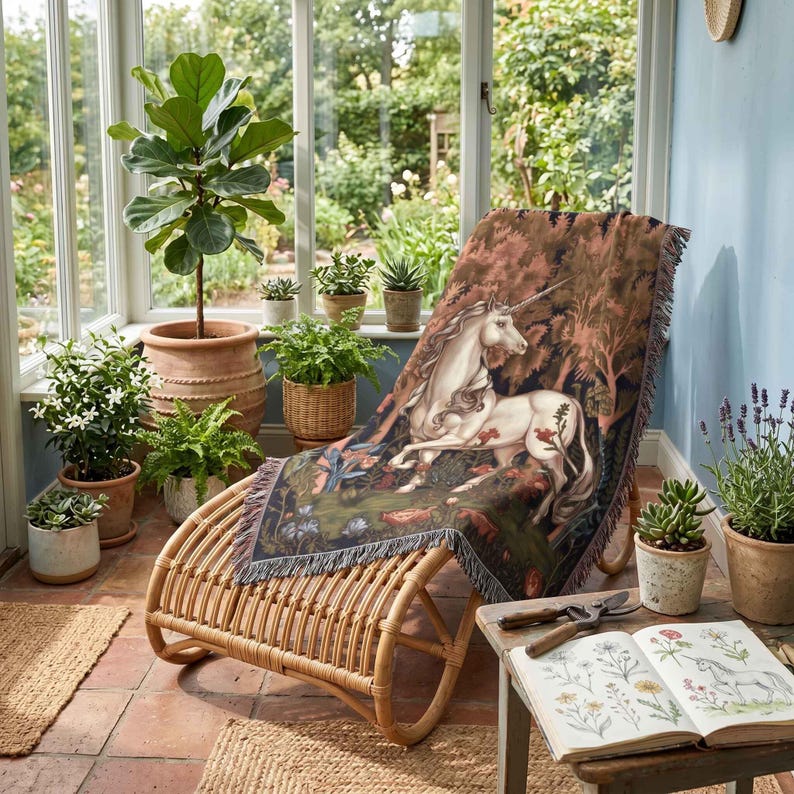 Unicorn Forest Woven Blanket, Medieval Floral Tapestry Throw, Cottagecore Mythical Unicorn Blanket, Vintage Fantasy Botanical Home Decor image 15