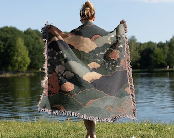 Manta tejida 100% algodón con paisaje japonés, manta tejida con escena natural, manta tejida con arte floral, manta tejida de inspiración asiática