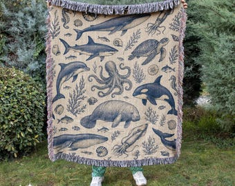 Ocean Life Woven Blanket, Vintage Sea Animals Throw Gift, Beach House Decor, Sea life Blanket, Vintage Sea Life Art, Sea Creature Blanket