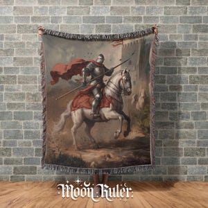 Epic Knight on Horse Throw Blanket Medieval Tapestry Decor with Castle and Warrior in Battle - Medieval Knight Vintage Historical Decor