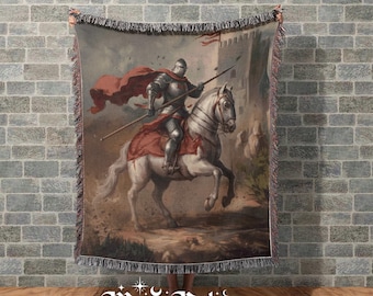 Manta decorativa medieval con diseño de caballero épico a caballo, castillo y guerrero en batalla - Decoración histórica vintage de caballero medieval