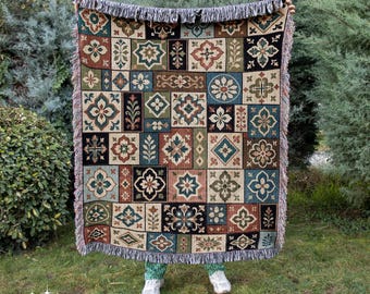 Woven Blanket with Medieval Patchwork, Vintage Folk Art Cotton Throw with Fringes, Boho Tapestry Blanket for Sofa, Bed & Rustic Home Decor