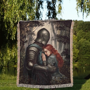 Romantic Medieval Throw Blanket Knight and Maiden in Forest Fantasy Fairytale Tapestry Decor, Lady Design - Gothic Academia Aesthetic