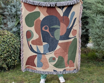Abstract Multicolor Woven Blanket 100% Cotton - Modern Artistic Design With Fringed Edges, Cottagecore Tapestry
