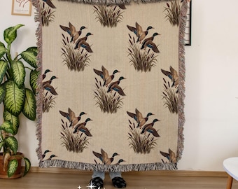 Hunting Cabin Cozy Cotton Blanket | Woven Throw Mallard Duck Blanket | Hunting Cabin Living Room Decor | Duck Lovers Rustic Woodland Decor