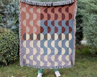 Bauhaus Geometric Woven Blanket: Mid Century Modern Cotton Throw