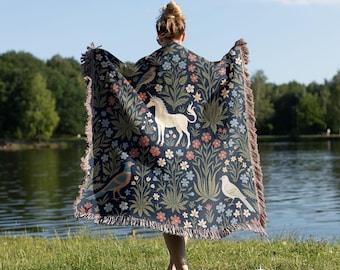 Unicorn Millefleur, Medieval Art Woven Blanket, Wall Tapestry, Large Throw, 50in X 60in