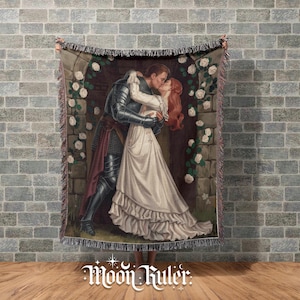 Romantic Knight and Maiden Throw Blanket Medieval Fairytale Tapestry - Castle and Rose Arch, Romantic Knight & Princess Blanket, Home Decor