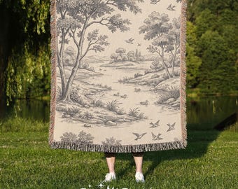 Manta tejida Toile en color crema y negro, manta para sofá de algodón Cottagecore, decoración vintage de estilo rústico, bonito regalo para ella.