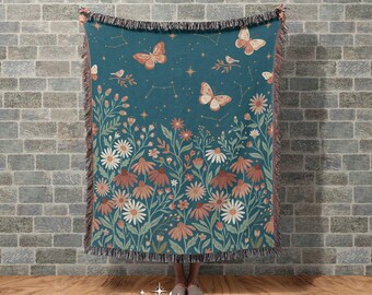 Wildflower Woven Blanket Gift, Botanical Throw Blanket, Green Floral Tapestry, Nature-Inspired Home Decor, Cottagecore Blanket, Holiday Gift