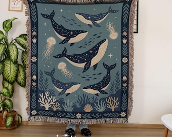 Celestial Whale Woven Blanket Marine Life Ocean Save the Sea Animal Throw Starry Night Tapestry Cosmic Oceancore Orca Galaxy Conservation