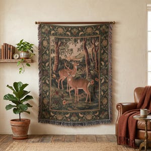 Mystic Woodland Deer Woven Blanket Vintage Folk Art Tapestry Woodland Floral Design Tapestry Nordic Fairycore Romantic Woven Tapestry Throw