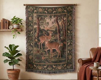 Mystic Woodland Deer Woven Blanket Vintage Folk Art Tapestry Woodland Floral Design Tapestry Nordic Fairycore Romantic Woven Tapestry Throw