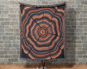 Petrified Wood 100% Cotton Woven Blanket – Nature-Inspired Tree Ring Art, Cottagecore Tapestry
