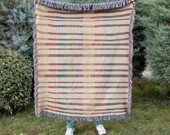 Modern Stripe Woven Blanket - Minimalist Geometric Bedding - Midcentury Tapestry Throw
