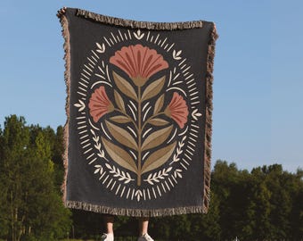 Floral Woven Blanket – Modern Boho Tapestry Throw, Black & Gold Botanical Decor