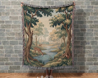 French Verdure Woven Tapestry, Chateau Style Wall Hanging, 100% Cotton Throw Blanket
