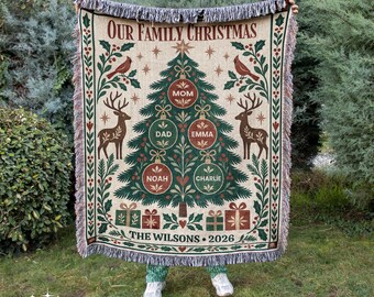 Our Family Christmas Woven Blanket • Custom Names Ornament Tree Throw • Personalized Folk Art Holiday Decor • Christmas Gift Mom Grandma