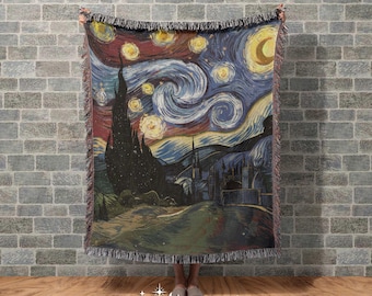Starry Night Landscape Woven Tapestry Blanket Art Inspired Boho Gothic Home Decor Unique Gift Van Gogh Inspired Throw Blanket Cozy Artistic