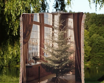 Manta navideña vintage con forma de árbol, acogedora manta tejida para decoración navideña tradicional o regalo invernal atemporal, manta tejida, decoración navideña de invierno