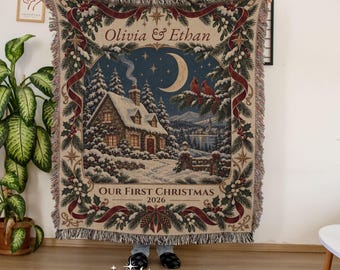 Our First Christmas Woven Blanket • Custom Couple Names Year Throw • Personalized Vintage Cottage Holiday Decor • Newlywed Wedding Gift