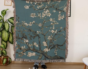 Almond Blossoms Woven Tapestry | Dark Academia Woven Throw Blanket | Famous Art Woven Blanket | Art Teacher Gift | Custom Painting Blanket |