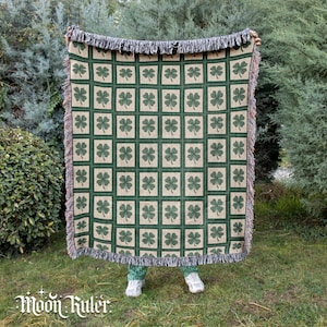 Glücksklee Gewebte Kleeblatt Kleeblatt Baumwolldecke Rustikaler Cottagecore Raumdekor, Shamrock Heirloom Qualität Tapisserie W038