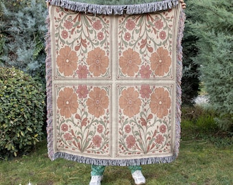 Folk Art Nouveau Floral Woven Throw Blanket: 100% Cotton Jacquard Tapestry