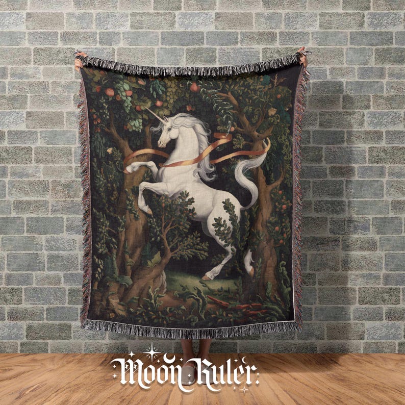 Medieval Unicorn Woven Blanket, Mystical Forest Tapestry Throw, Cottagecore Fantasy Blanket, Vintage Mythical Unicorn Dark Green Decor image 7