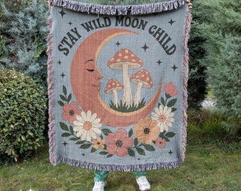Mushroom Moon Woven Blanket: Cottagecore Witchy Decor