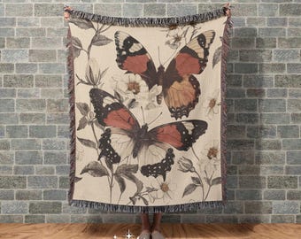 Cottagecore Butterfly Woven Blanket Vintage Butterflies Cozy Cotton Blanket Gift for Nana Nature Tapestry Gift Rustic Aesthetic Home Decor