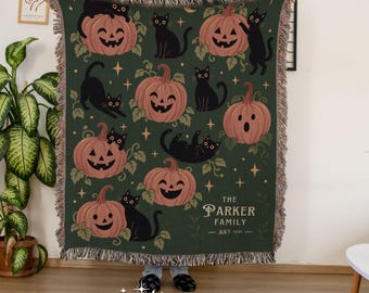 Custom Family Name Halloween Woven Blanket • Personalized Cat Pumpkin Throw • Vintage Fall Home Decor • Housewarming Gift Spooky Season