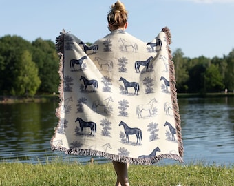 Horse Toile Woven Blanket, Vintage Style Horse Lover Equestrian Gift Blue French Toile Horse Tapestry Throw Blanket, French Country Throw