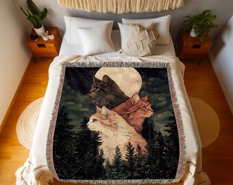Cats Woven Blanket Vintage Cat Moon Cozy Cotton Blanket Boho Forestcore Animal Tapestry Gift for Cat Lovers Mystic Cottagecore House Decor